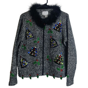 Vtg Just B Embellished Jewelled Full Zip Christmas Sweater Medium Faux Feather
